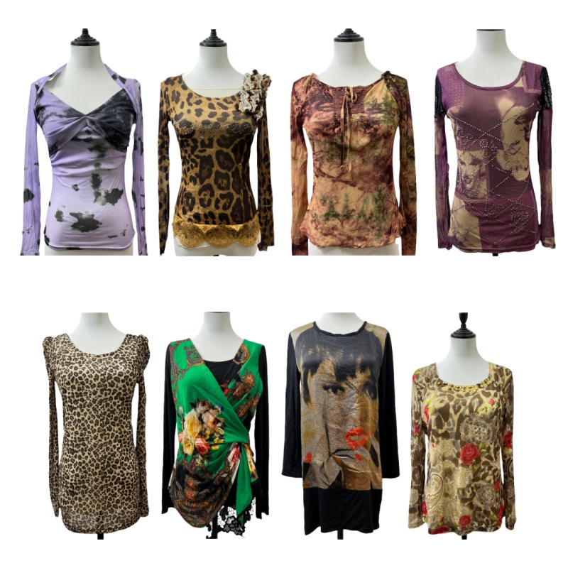 古着vintageQ7复古豹纹印花网纱上衣女长袖辣妹修身显瘦Y2K风上衣