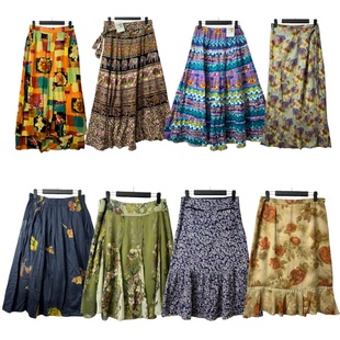 古着vintageA3海淘复古民族风印花半身裙女雪纺拼接设计感伞裙