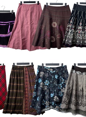 古着vintageS9复古秋冬款原宿古早味港风森系A字毛呢少女百搭裙