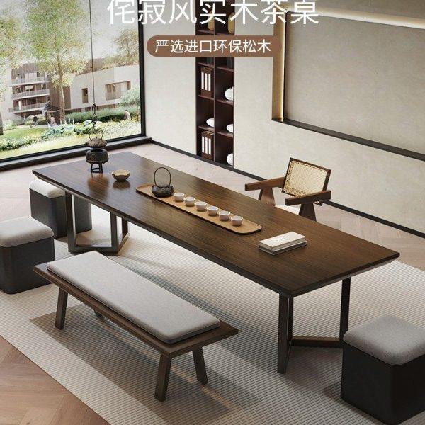禅意新中式茶桌办公室创意简约实木茶台原木大板侘寂风茶桌椅组合