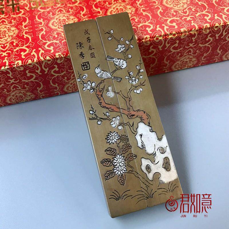 精工黄铜文房用品 复古黄铜镇尺 书法小号镇纸 精雕图压尺 多款