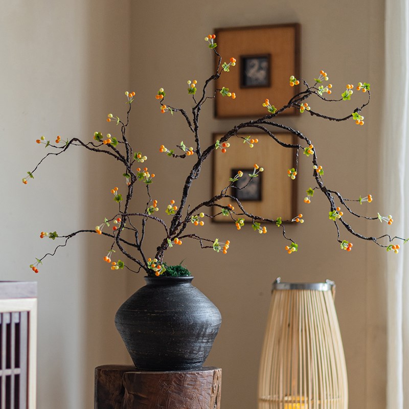 彷真花干燥树枝摆件干燥花长枝中式覆古禅意K果实树枝客厅玄关插