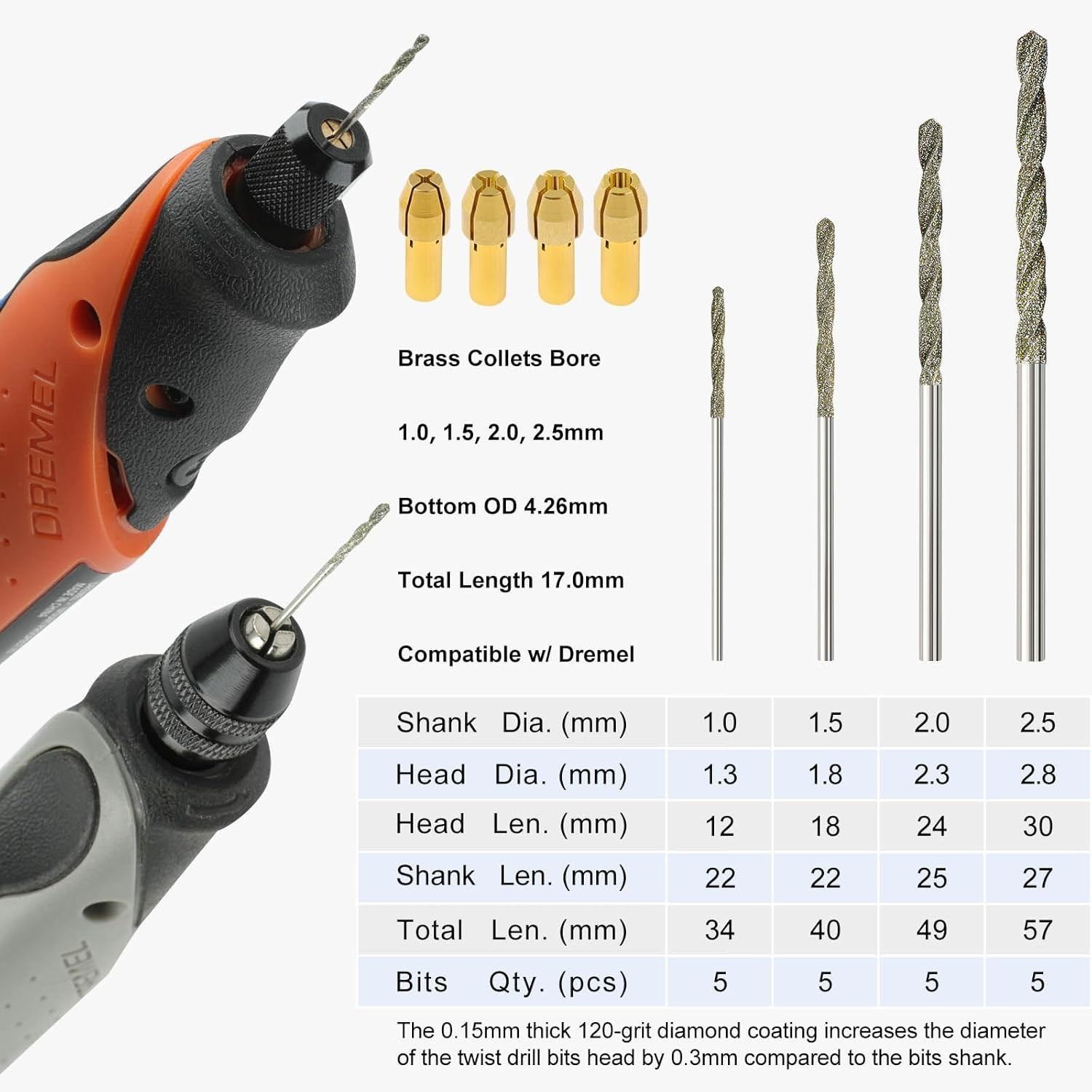 金刚石钻头 1mm 1.5mm 2mm 2.5mm 每种5支 120目 20支装含4个卡头