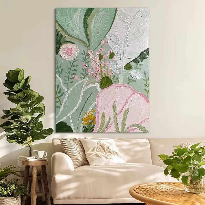 手绘花卉油画客厅沙发背景装饰画玄关过道肌理挂画侘寂风抽象壁画