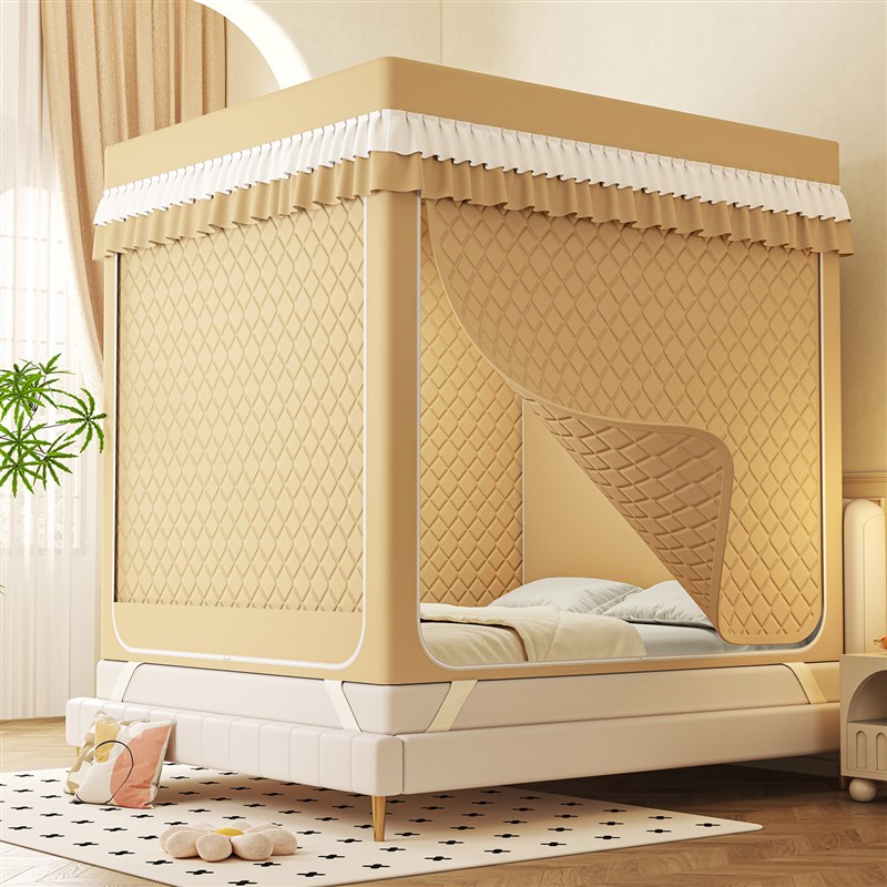 2025新款冬季保暖夹棉遮光帘坐床蚊帐AI类纯色全底防摔拉炼纹帐1.