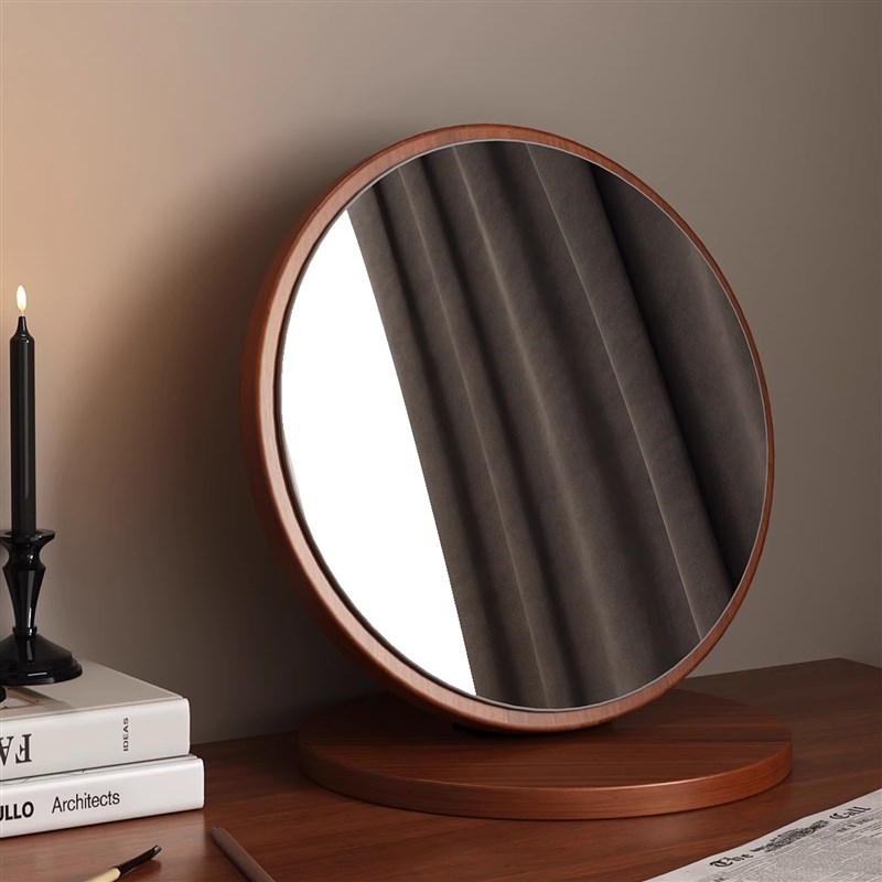 中古化妆镜圆形大号可折叠高清实B木镜子家用卧室桌面梳妆台梳妆