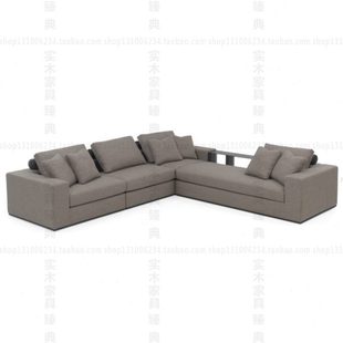 现代简约大户型客厅直排贵妃沙发 极简布艺棉麻转角L型沙发边几组