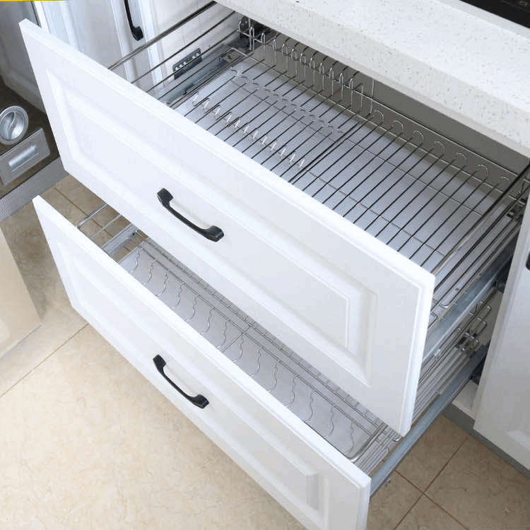 800橱柜碗蓝厨房收纳五金拉栏抽屉式双层拉P篮带沥水盘不锈钢拉篮