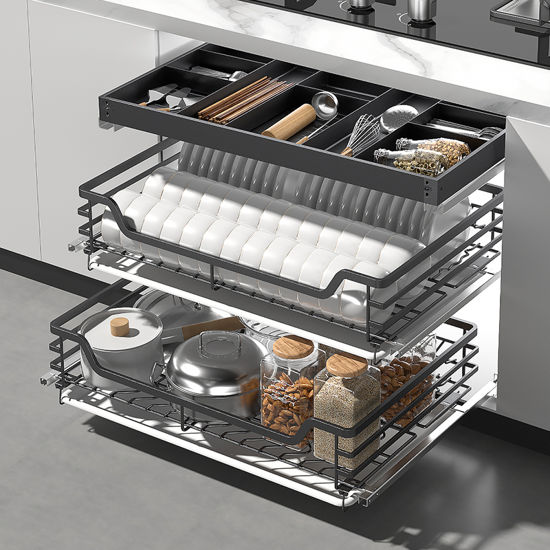 意铂尼厨房橱柜拉篮不锈钢三层抽屉E式碗篮内置调味料碗架收纳碗