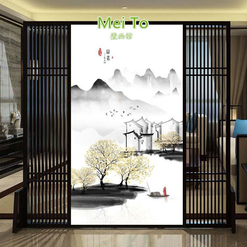新中式现代简约水墨山水画玄关y墙布走廊竖版过道壁画入户客厅壁