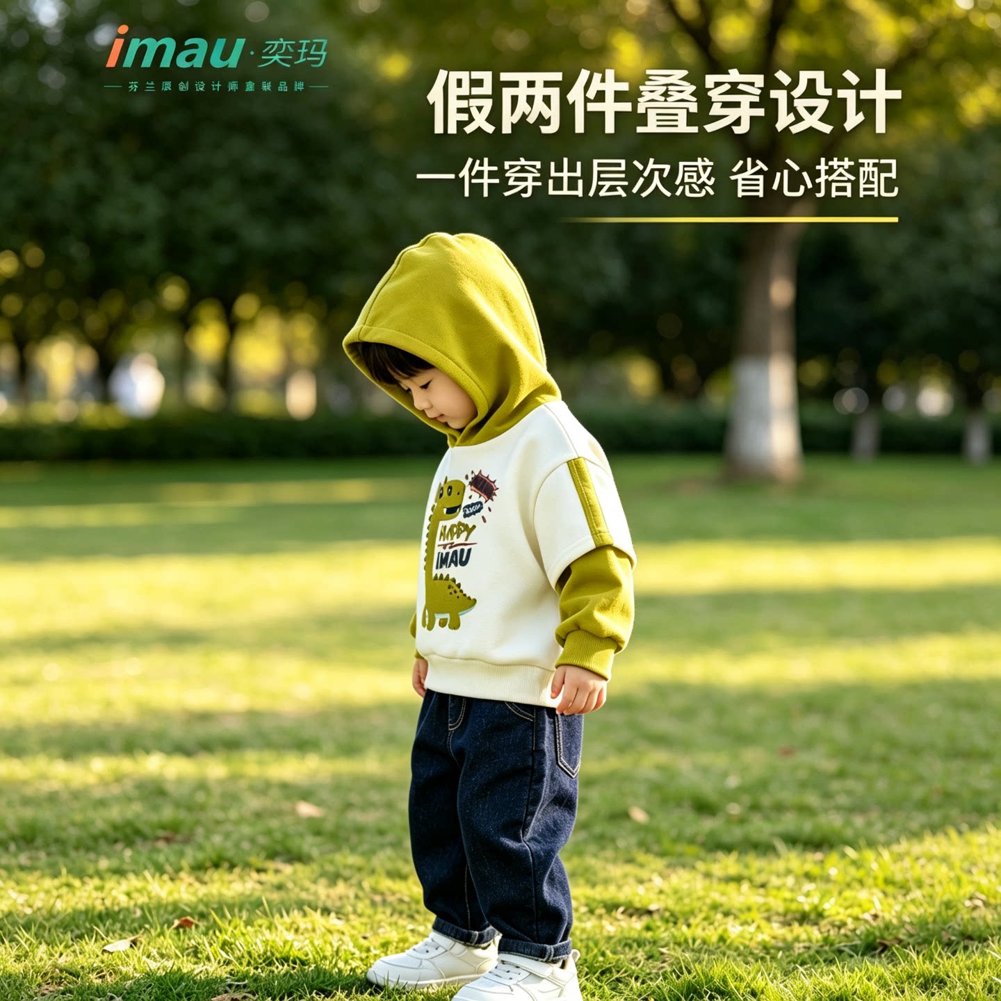 奕玛男童恐龙连帽假两件卫衣