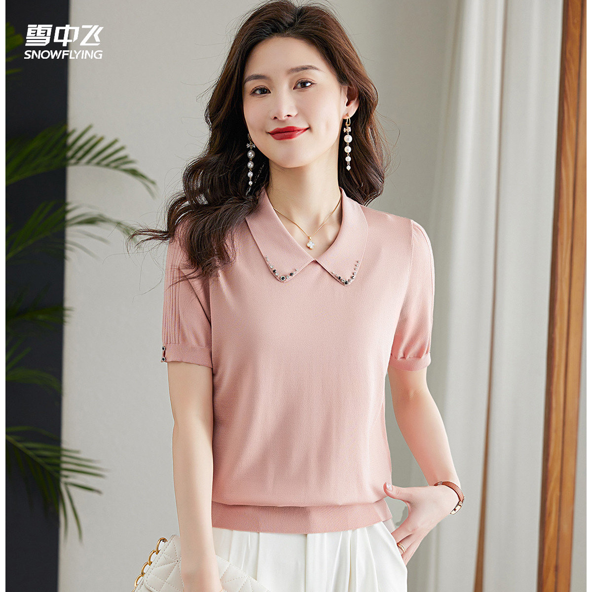 2026春夏季短袖t恤女优雅气质中年妈妈装翻领针织短袖T恤