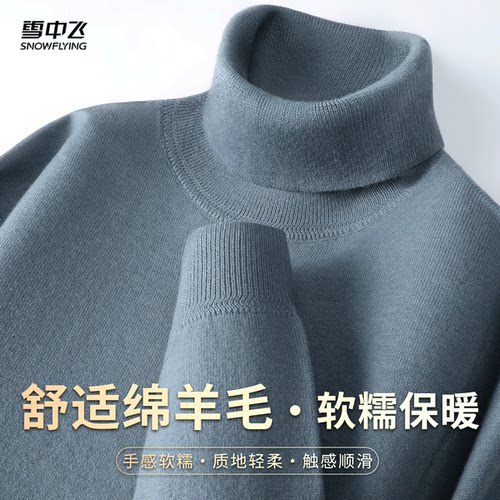 雪中飞含绵羊毛春季柔软舒适高领长袖针织上衣纯色休闲男羊毛衫