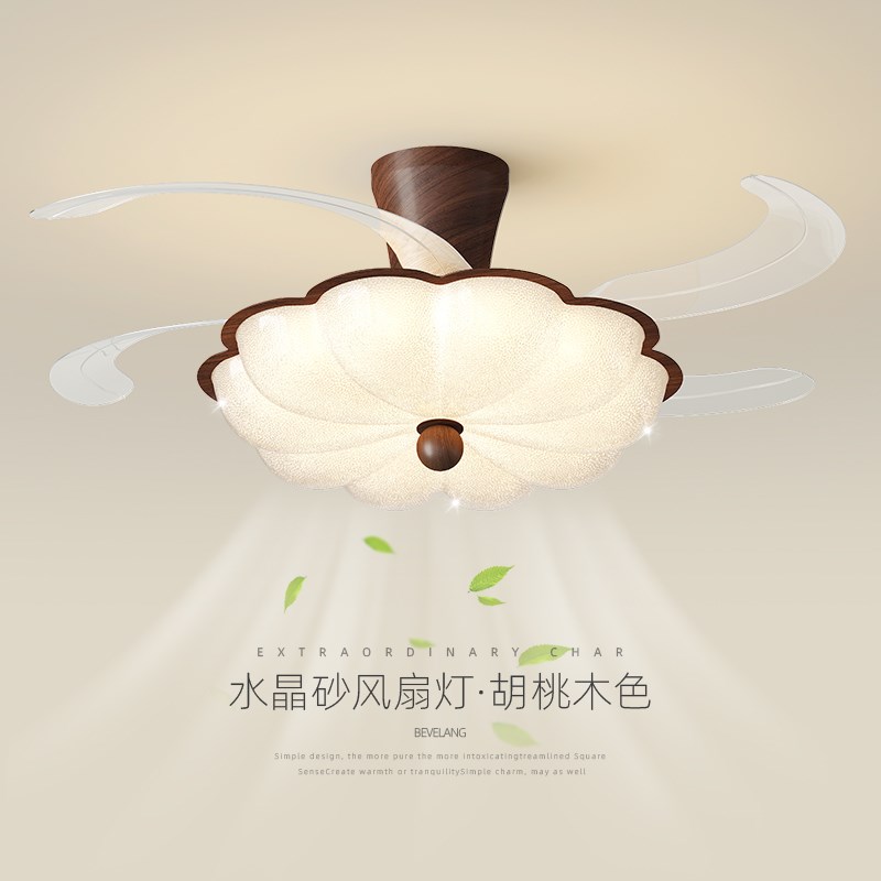 吊扇灯卧室灯中古风覆古轻奢w高级感水晶砂花朵隐形静音饭厅吊扇
