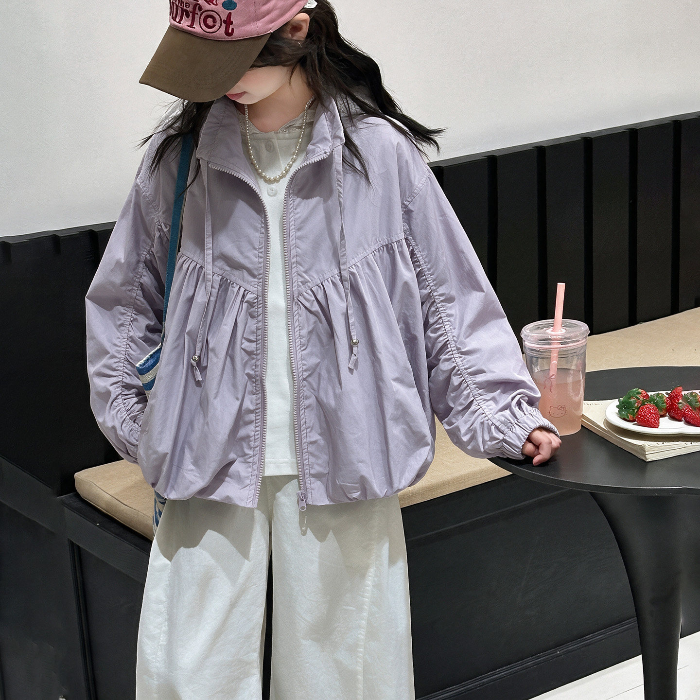 韩版女童春秋装薄款连帽收腰夹克