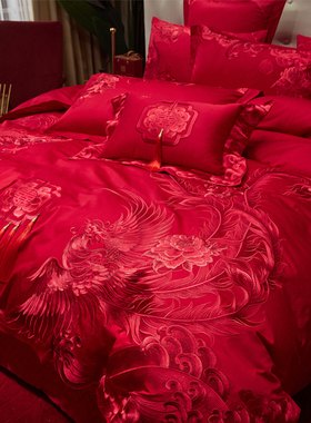 梵间新中式180s长绒棉婚庆四件组龙凤全棉结婚大红色被套高档床品
