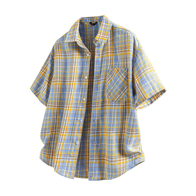 维路雅美式复古撞色格子防晒衬衫男女短袖宽松休闲薄款衬衣外套