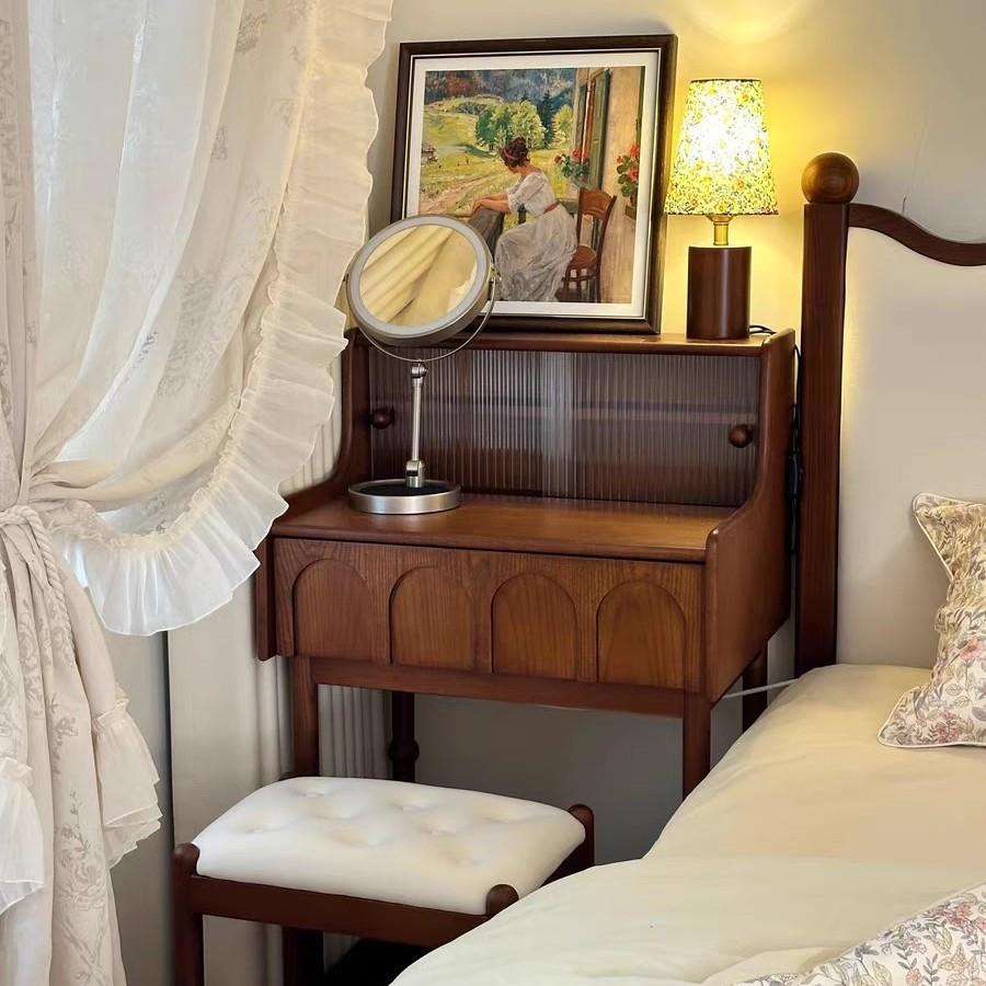 中古风白蜡木实木梳妆台小户型卧室迷你小型化妆台书桌一体化妆台