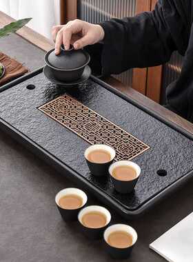 陶瓷储水两用式茶盘排水乌金石小型茶台中式简约家用长方形石茶盘