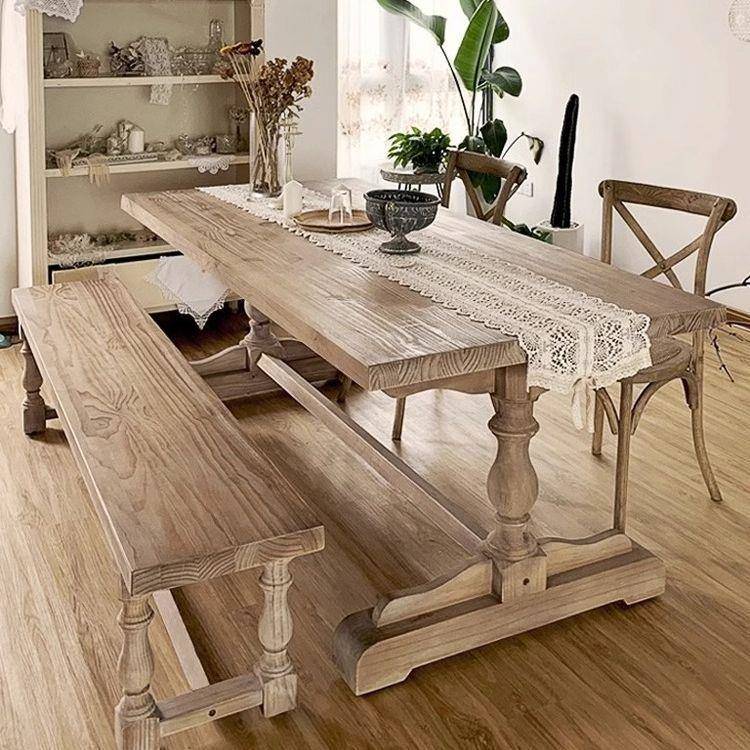 简约复古实木餐桌民宿田园罗马柱桌子原木餐台桌椅