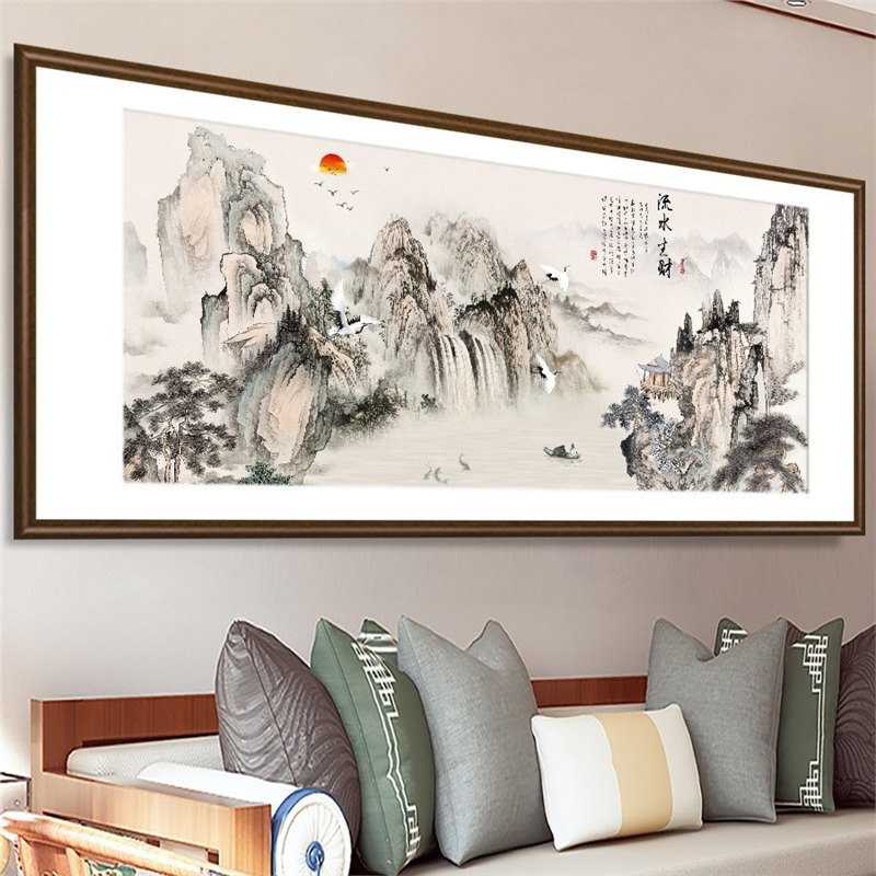 流水生财山水画客厅茶室茶台装饰画老板办公室沙发中式挂画靠山图