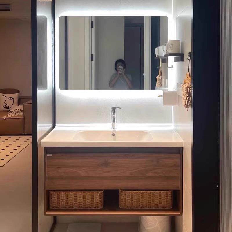 一体陶瓷盆浴室柜组合红橡木卫生间洗脸洗手台实木小户型简约现代