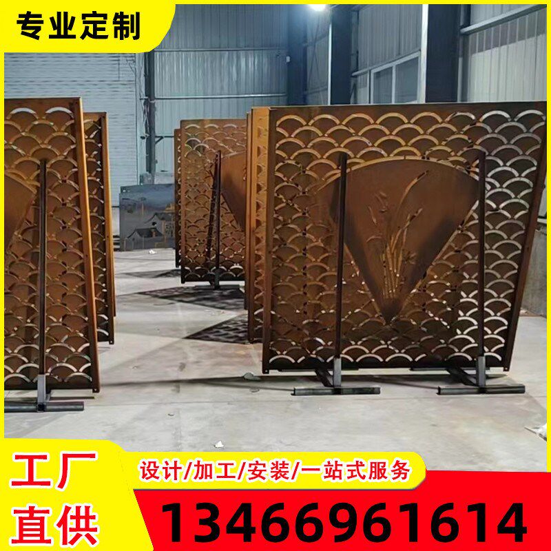 镂空雕花门头背景墙雕塑锈板灯箱耐候钢庭院景观红锈造型激光切割