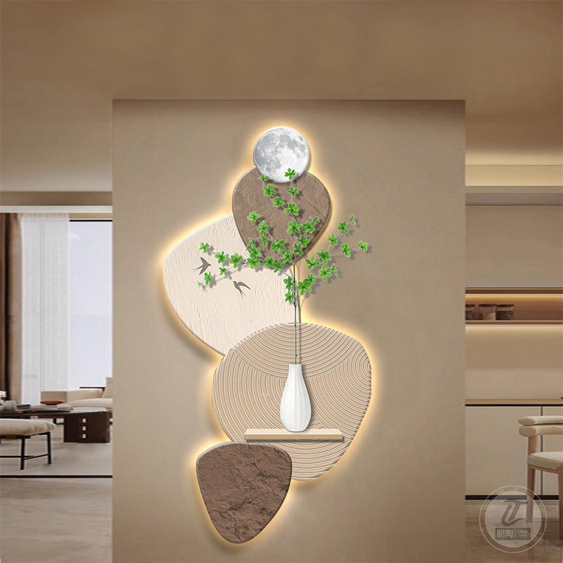 玄关入户装饰画石来运转创意走廊尽头挂画led壁灯画绿植实物挂画