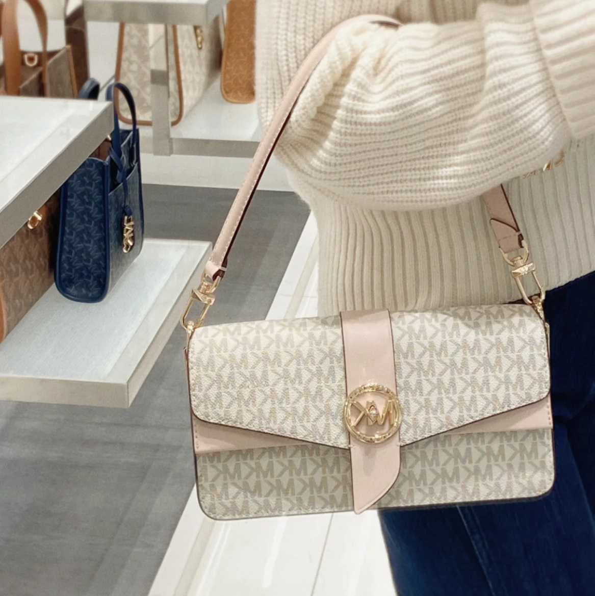 美国MK女包Greenwich腋下真皮老花单肩手提斜挎包百搭