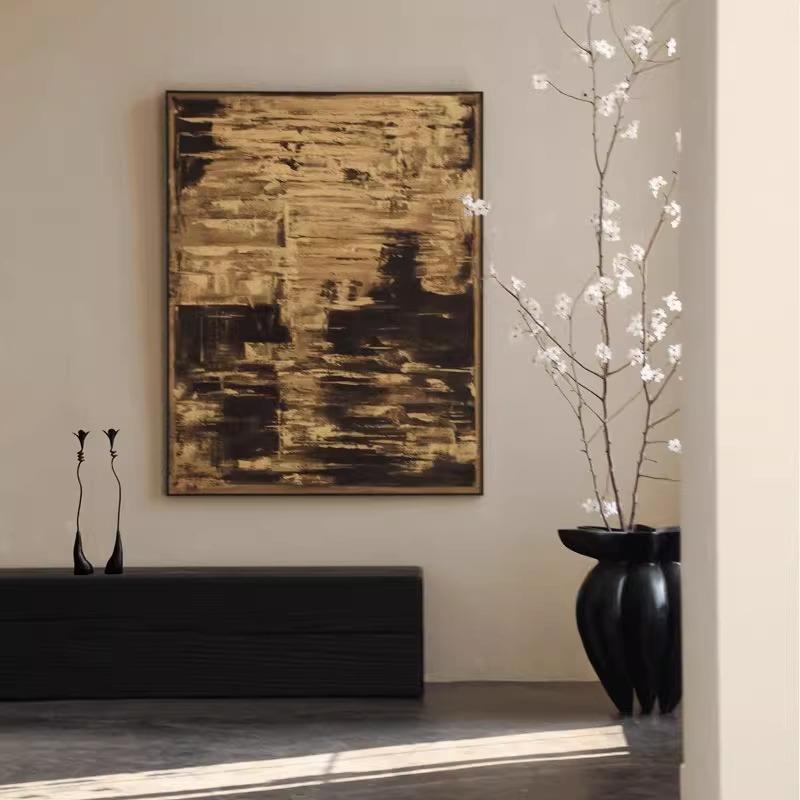 法式中古风金箔肌理手绘客厅沙发背景装饰画抽象中式茶室玄关挂画