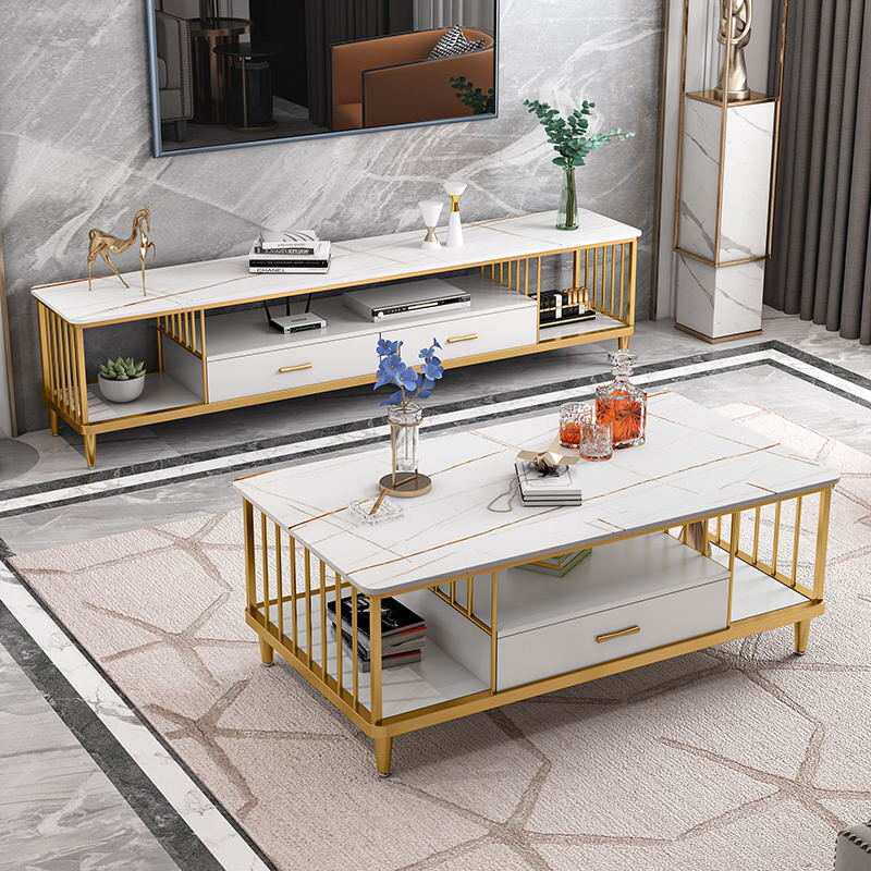 靠墙落地双层视听柜铁艺镂空岩板电视柜长方茶几带抽屉电视柜茶几