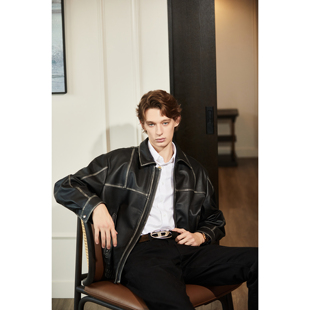 商务休闲早春夹克外套简约 牛皮真皮皮衣男士 特叔男装 安罗款