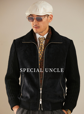 特叔BC蓝色针织拼接复古皮衣羊皮男士翻领外套修身男装秋冬夹克