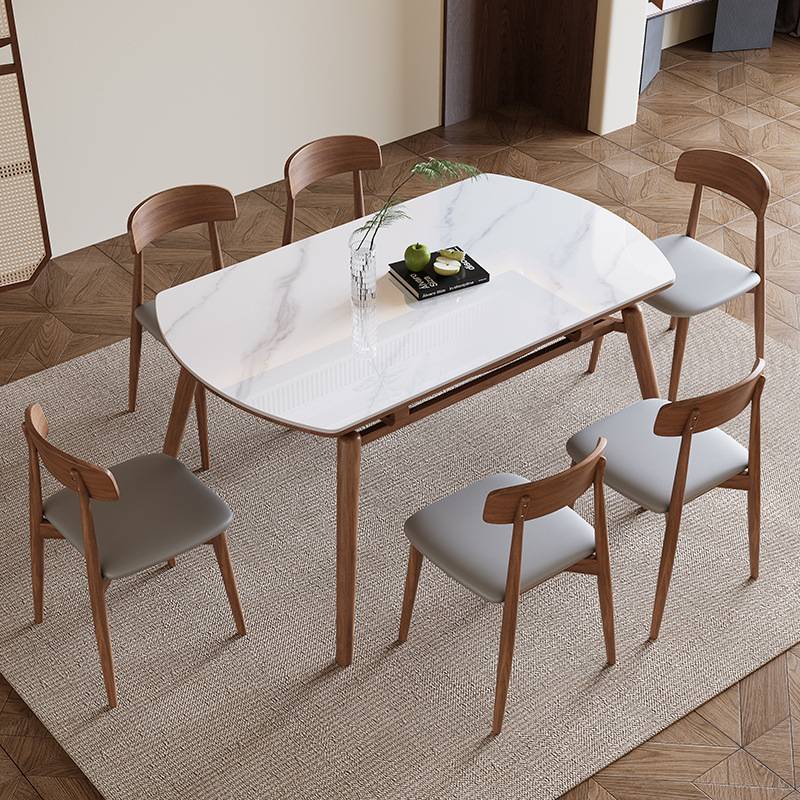 侘寂风原木岩板餐桌椅组合现代简约家用小户型可伸缩方圆两用桌子