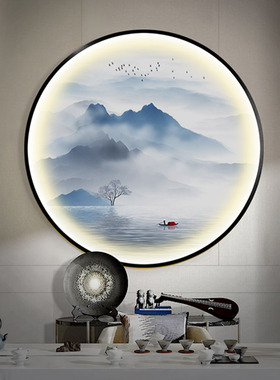 新画式山玄夜光声控装饰画水关餐厅发光晶瓷画圆形壁挂中LED灯带