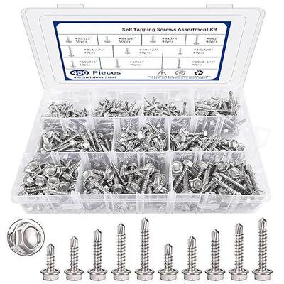 跨境450PCS六角法兰自攻螺丝410不锈钢自钻螺丝#8#10六角头螺丝