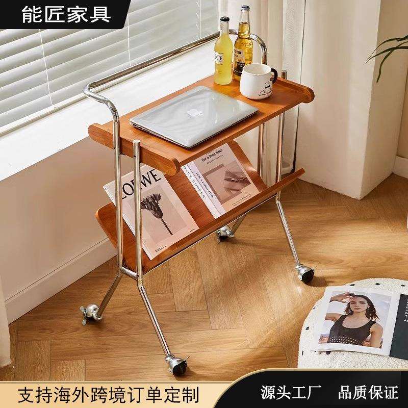 中古小推车实木边几客厅茶几沙发移动推车樱桃木置物架复古书架子