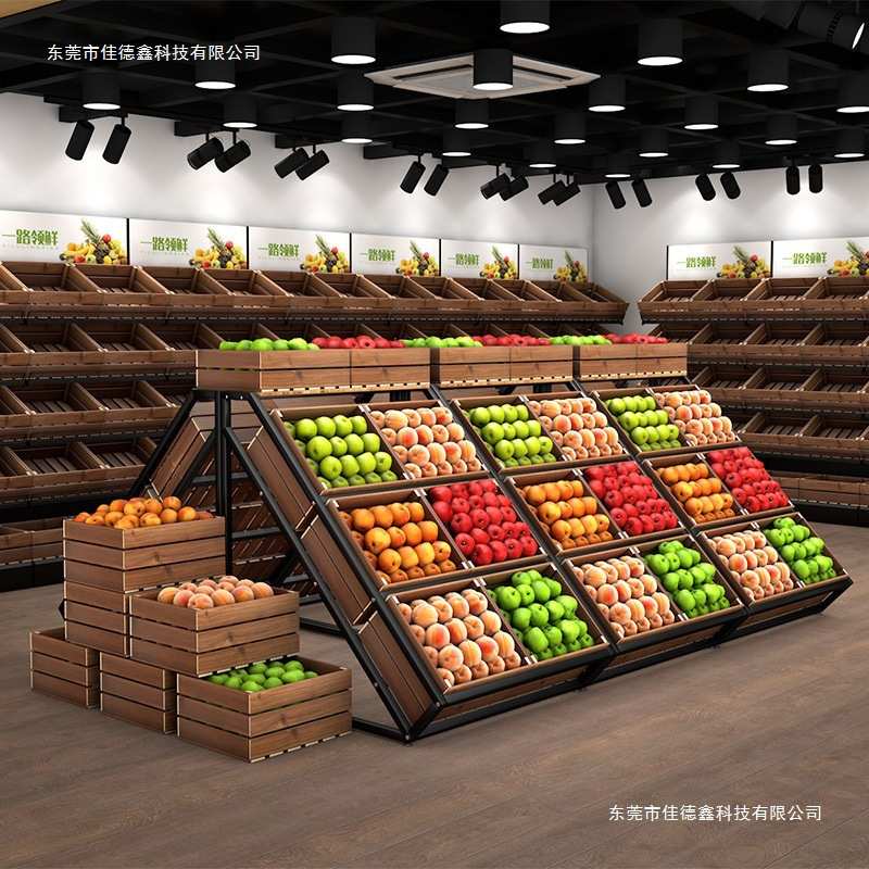 超市水果货架展示架蔬菜店钢木生鲜陈列架百果园三层钢堆头中岛柜