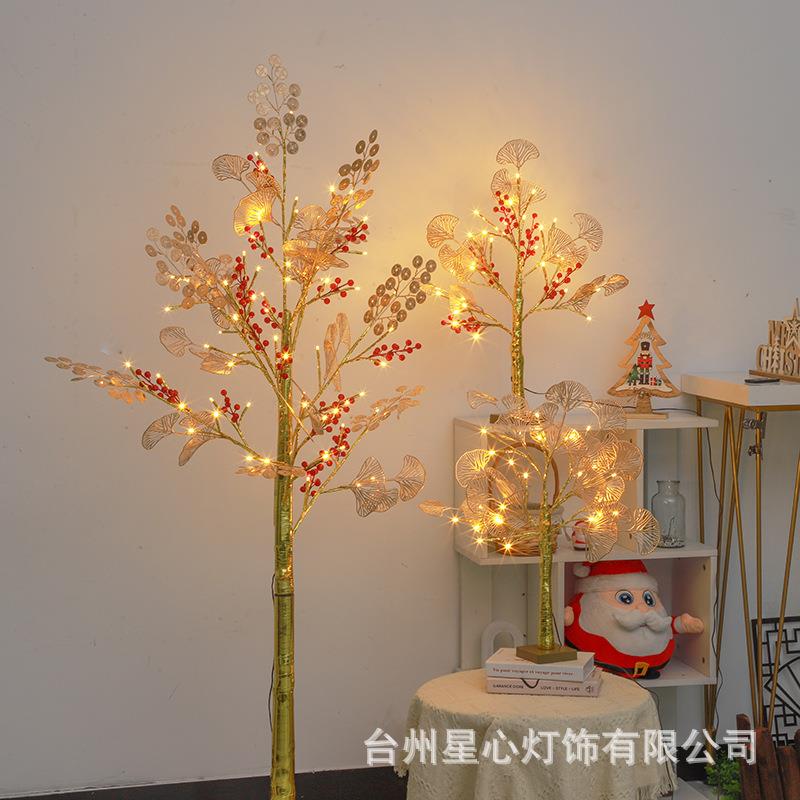 新春装饰红色浆果树灯喜庆节日家居装饰银杏叶摇钱树树灯厂家