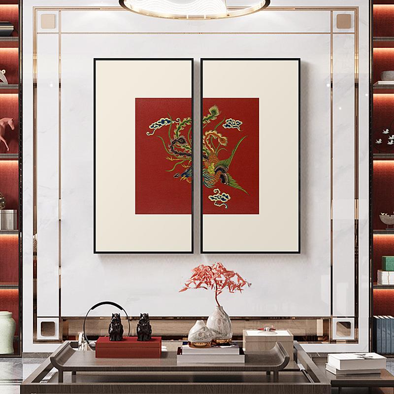 情深愿重 新中式传统图案玄关柜装饰画图腾挂画双联样板间壁画