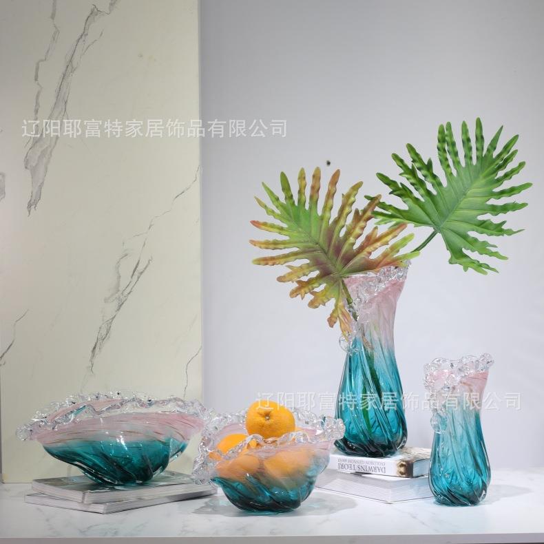 彩色手工玻璃花瓶摆件家居工艺品琉璃装饰白菜瓶花边口装饰碗摆件