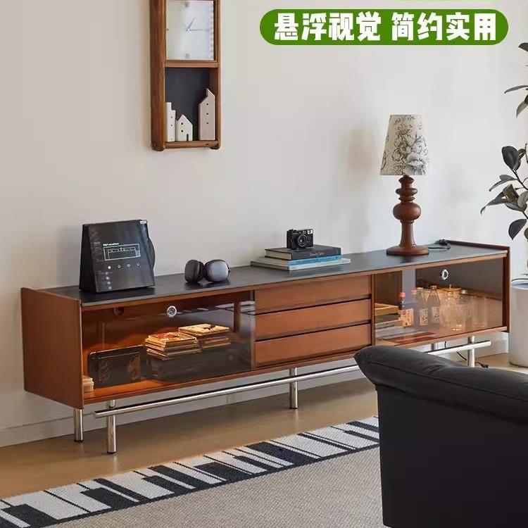 北欧实木电视柜 家用小户型岩板不锈钢收纳落地柜客厅复古储物柜