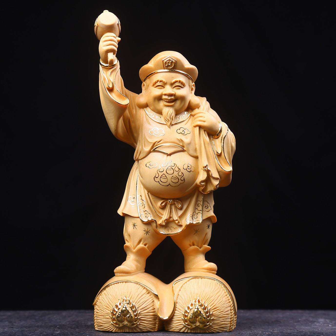 桧木精雕三面大黑天菩萨七福财神摆件 家居玄关佛门护法神装饰品