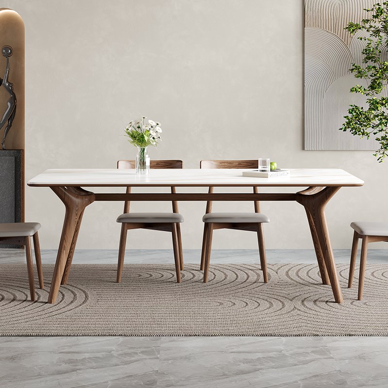 实木岩板餐桌家用小户型意式极简奶油风白蜡木长方形餐桌餐椅组合