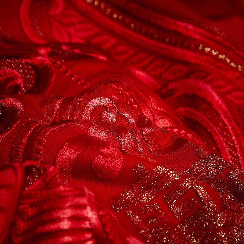 婚庆四件套大红色80支长绒棉蕾丝结婚刺绣喜被床上用品六八十件套