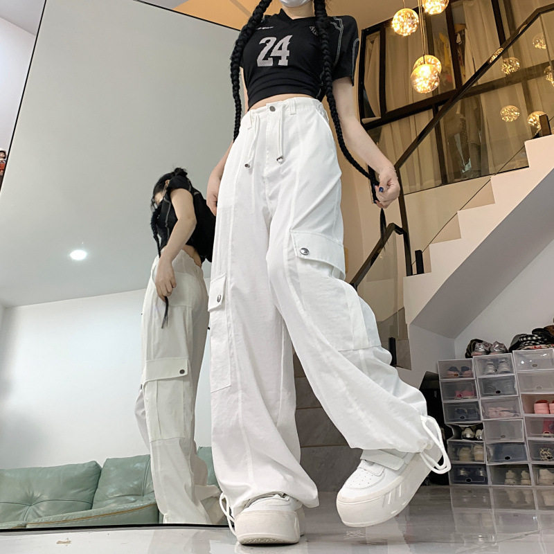 实拍美式运动白色速干大口袋工装休闲裤