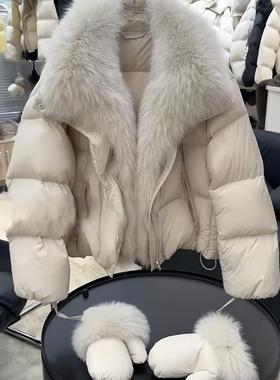 高充绒量白色大毛领白鸭绒羽绒服女2025冬季新款巨好看的保暖短款