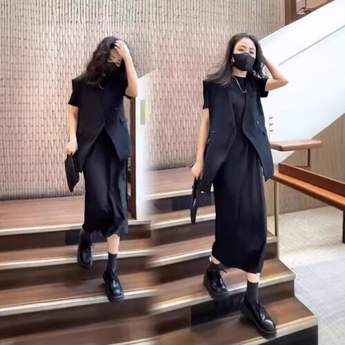 大码女装夏微胖mm套装马夹显瘦针织短袖中长裙两件套