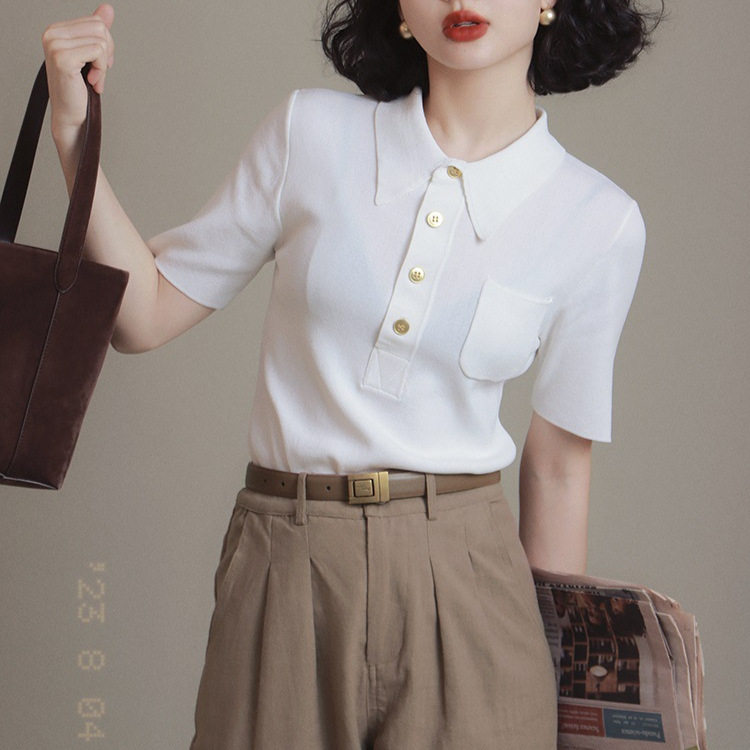 polo翻领冰丝针织衫短袖女夏毛针织衫