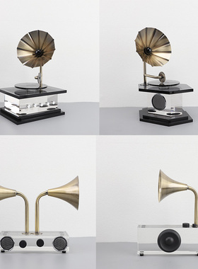 简约现代复古水h晶金属留声机样板间家居客厅书房创意桌面装饰摆